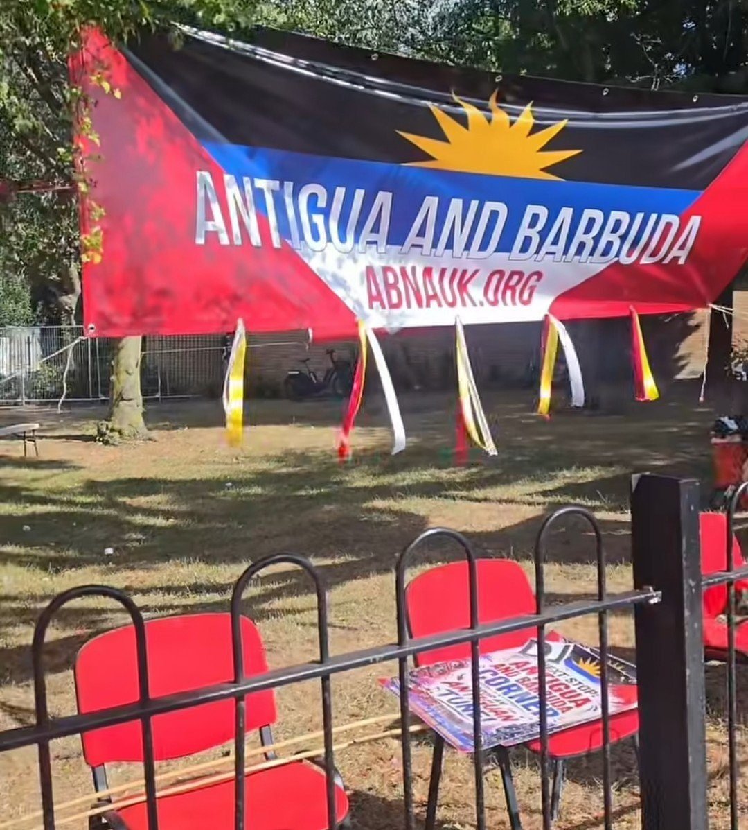 The Antigua and Barbuda banner at the Corner, Notting Hill Carnival 2026